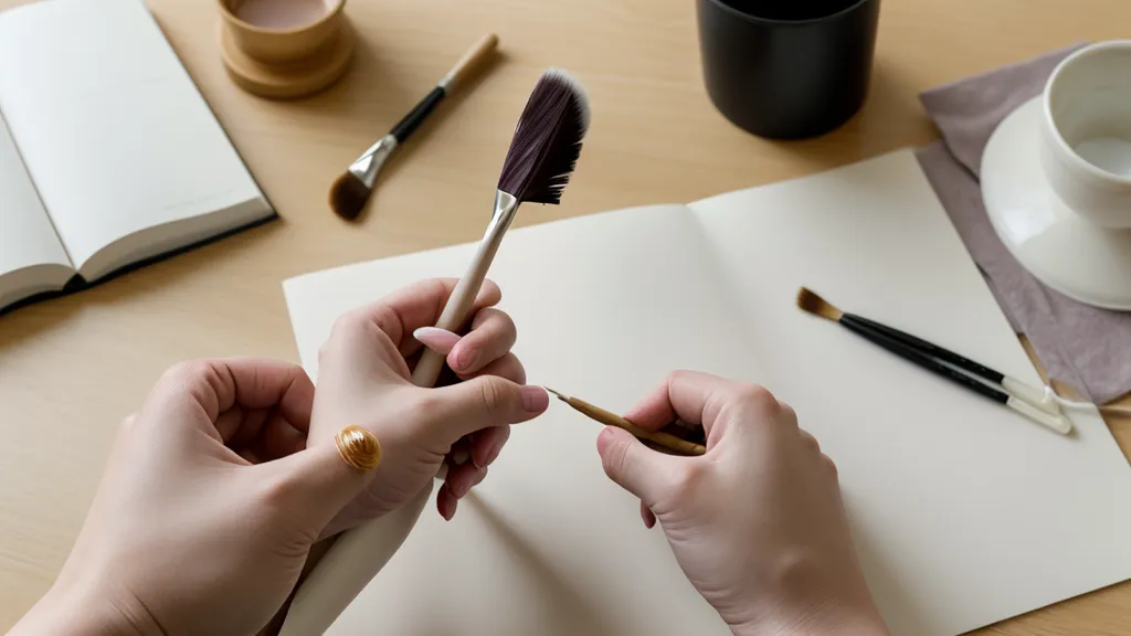 Libro abierto de diseño de uñas junto a pinceles y esmaltes en una mesa