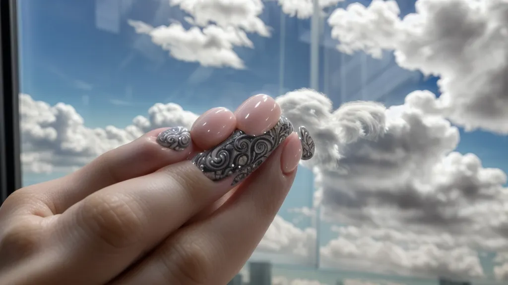 Diseño final de nubes en las uñas en un entorno de oficina
